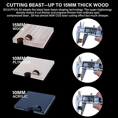 SCULPFUN - Grabador láser CNC de alta precisión S9, 90 W, para madera de 15 mm, punto comprimido de enfoque fijo ultrafino de 0.06 mm, área expandible