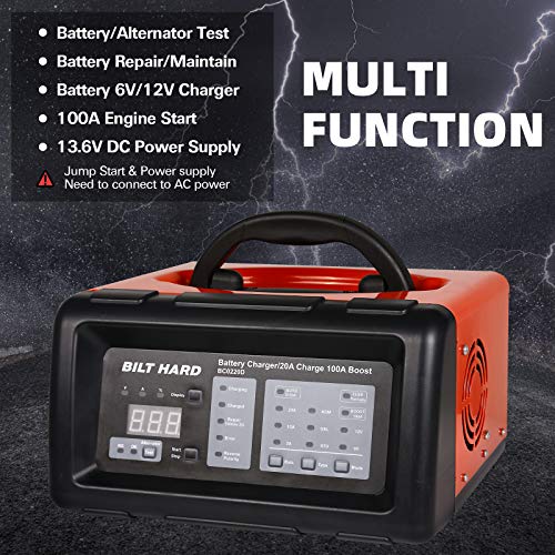 BILT HARD 2/10/20/100A 6/12V Cargador de batería inteligente y arranque del motor, mantenimiento automático, desulfador y diagnóstico con comprobación del alternador