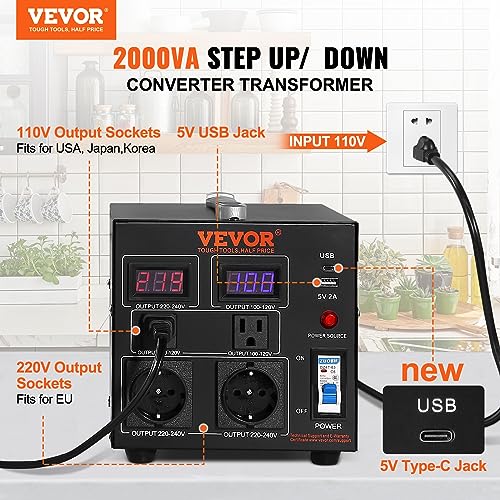 VEVOR Transformador convertidor de voltaje, 2000 W, transformador elevador/descendente resistente, convertidor de 110 voltios a 220 voltios y de 220 voltios a 110 voltios, puerto USB, certificado CE