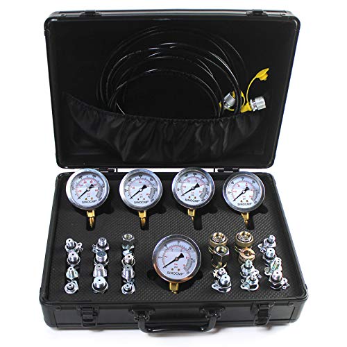 SINOCMP Kit de prueba de presión hidráulica con 5 calibres, 3 mangueras de prueba y 24 acoplamientos, kit de manómetro de prueba hidráulica utilizado para excavadoras