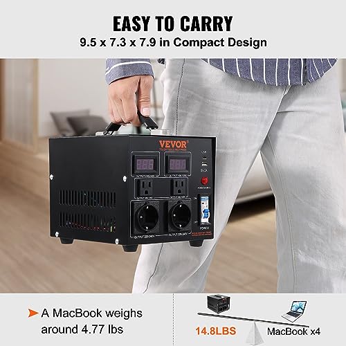 VEVOR Transformador convertidor de voltaje, 2000 W, transformador elevador/descendente resistente, convertidor de 110 voltios a 220 voltios y de 220 voltios a 110 voltios, puerto USB, certificado CE