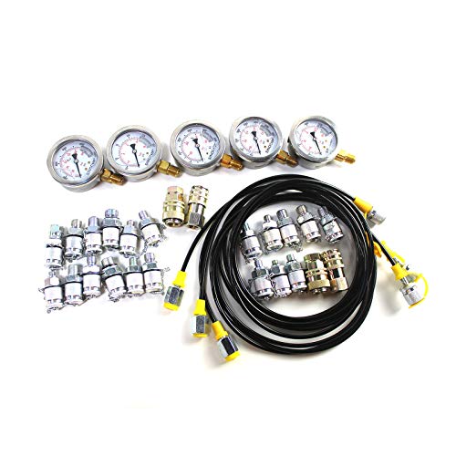 SINOCMP Kit de prueba de presión hidráulica con 5 calibres, 3 mangueras de prueba y 24 acoplamientos, kit de manómetro de prueba hidráulica utilizado para excavadoras