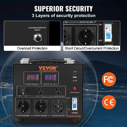 VEVOR Transformador convertidor de voltaje, 3000 W, transformador elevador/descendente de servicio pesado, conversión de 110 voltios a 220 voltios y de 220 voltios a 110 voltios, con salida de EE. UU., puerto USB de 5 V, certificado CE