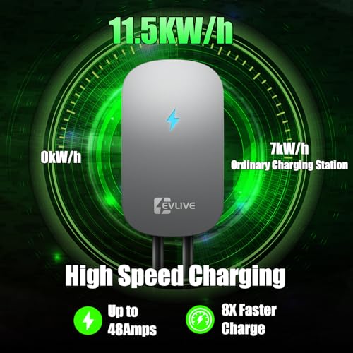 EVLive Cargador EV de nivel 2 de hasta 48 amperios/240 V para vehículo eléctrico nivel 2, certificado ETL/Energy Star, NEMA 14-50 enchufe o cableado para interiores y exteriores, cargador de pared para el hogar, estación de carga
