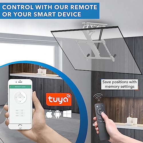 Mount-It! Soporte eléctrico para TV de techo con mando a distancia y driver de aplicación, soporte motorizado abatible en techo para televisores de visualización plana de 32 a 70 pulgadas, color blanco MI-4224W
