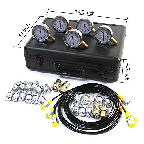 SINOCMP Kit de prueba de presión hidráulica con 5 calibres, 3 mangueras de prueba y 24 acoplamientos, kit de manómetro de prueba hidráulica utilizado para excavadoras