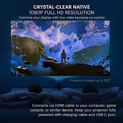 KODAK Luma 450 Proyector inteligente portátil Full HD | Wi-Fi, Bluetooth, HDMI y USB compatible con mini sistema de cine en casa de hasta 150 pulgadas | Resolución nativa de 1080p (4K), 200 lúmenes, reproducción de 3 horas | Trípode incluido
