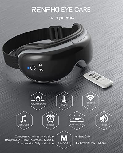 RENPHO 2.0 - Masajeador de ojos con control remoto y calor, compresión, música por Bluetooth, recargable. Masajeador de terapia de ojos para aliviar la tensión de los ojos, disminuir ojeras, bolsas en los ojos, ojos secos y mejorar el sueño.