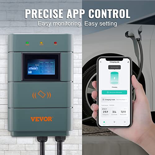 VEVOR Estación de carga de vehículos eléctricos de nivel 2, 0-48 A ajustable, 11.5 kW 240 V NEMA 6-50 enchufe inteligente EV con WiFi, cable de carga TPE de 24 pies para uso en interiores y exteriores, certificado ETL y Energy Star