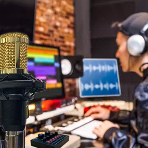 BM-800 - Juego de micrófono con tarjeta de sonido V8, micrófono de condensador y mezclador de DJ con brazo de tijera de suspensión de micrófono ajustable, montaje de choque de metal y filtro pop de doble capa para grabación de estudio y transmisión