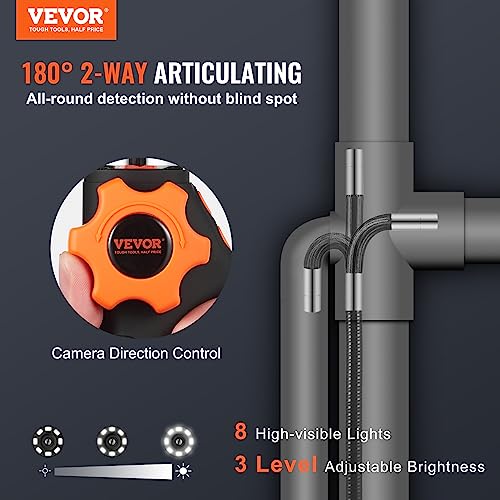 VEVOR Cámara articulada de boroscopio con luz, cámara de inspección endoscopio articulado bidireccional con lente pequeña de 0.252 in, pantalla IPS 1080P HD de 5 pulgadas, zoom 8X, cámara de serpiente de luz LED para automoción, fontanería