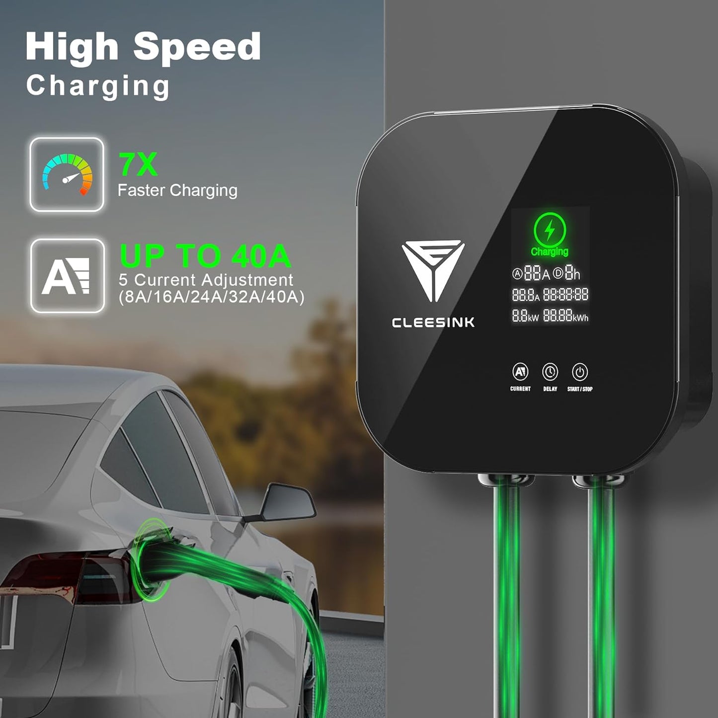 CLEESINK Cargador EV de nivel 2, estación de carga de vehículos eléctricos para interiores y exteriores, 40 A 240 V, NEMA 14-50, cable de 23 pies con certificación UL. 4-2687602YL