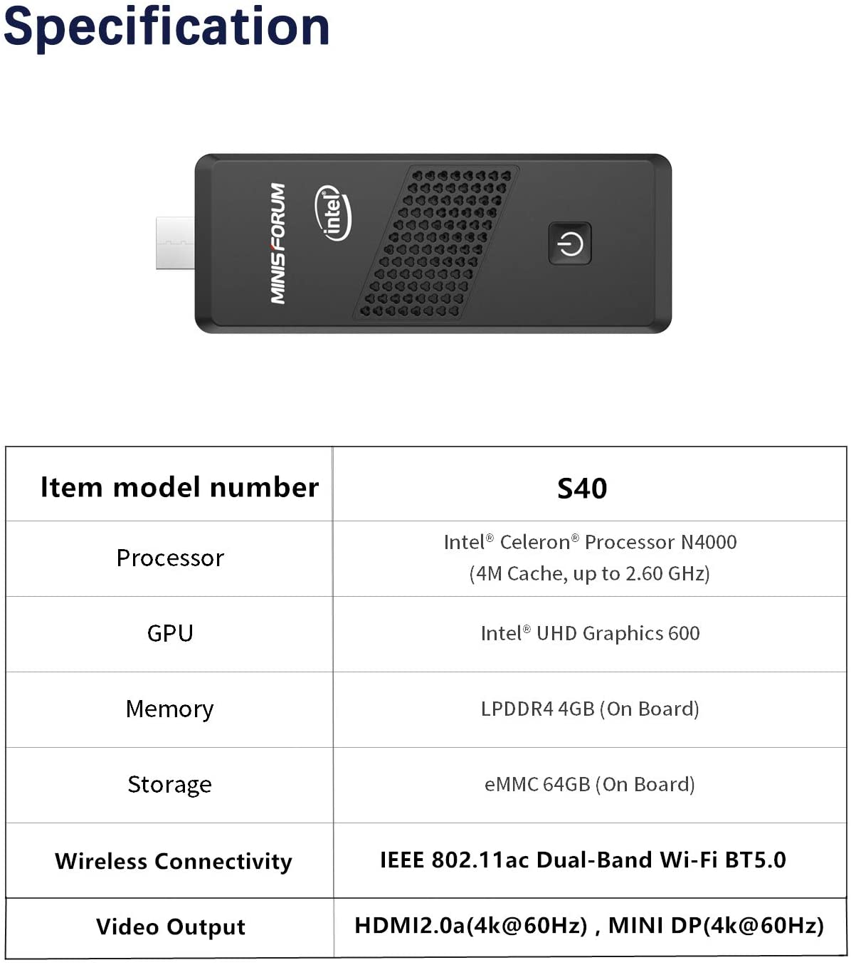 Mini PC Stick Intel Celeron N4000 (hasta 2,6 GHz) 4 GB DDR4/64 GB eMMC Intel Stick PC 4 K a 60 Hz HD HDMI 2.0/Mini DP Puertos Dual WiFi BT5.0/2xUSB3.0/USB-C/Auto Power On