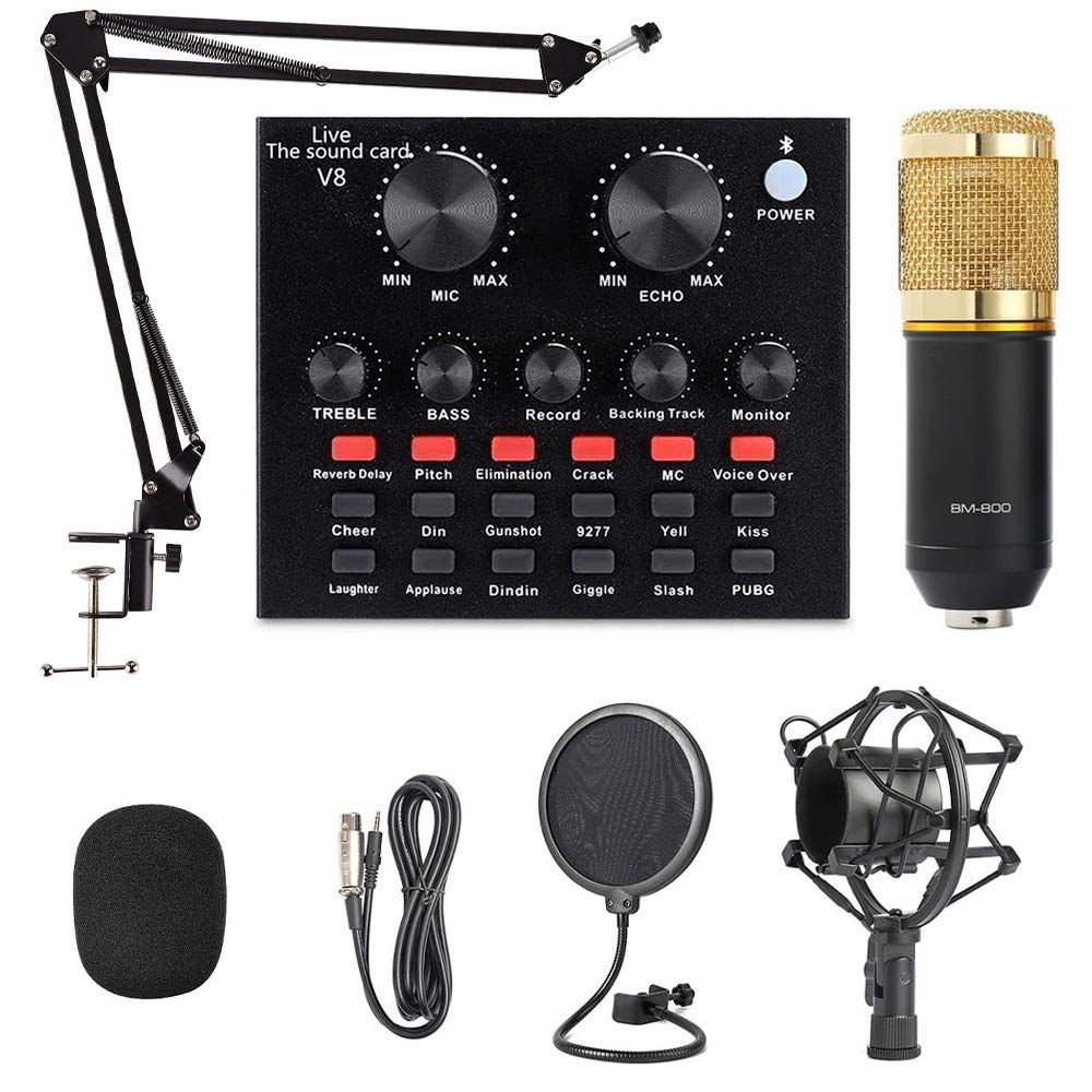 BM-800 - Juego de micrófono con tarjeta de sonido V8, micrófono de condensador y mezclador de DJ con brazo de tijera de suspensión de micrófono ajustable, montaje de choque de metal y filtro pop de doble capa para grabación de estudio y transmisión
