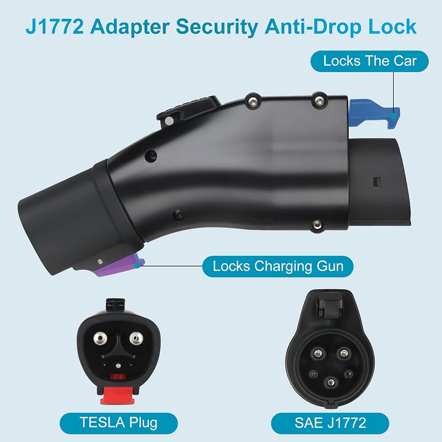 Adaptador Tesla a J1772, máximo 60 amperios y 250 V, TAECHU J1772 con bloqueo anticaídas, compatible con cargadores Tesla Wall/Destino/móviles (con una bolsa de almacenamiento)