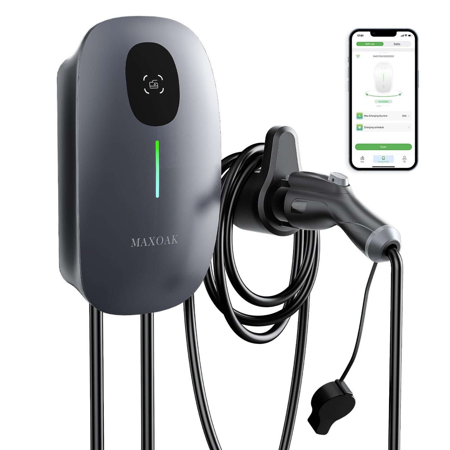 MAXOAK Cargador de vehículo eléctrico – Corriente de salida ajustable de 16 A a 50 A, nivel 2, 240 V, enchufe 14-50, certificado CSA y NEMA tipo 4, control inteligente de aplicación, compatible con Tesla y todas las marcas de vehículos eléctricos