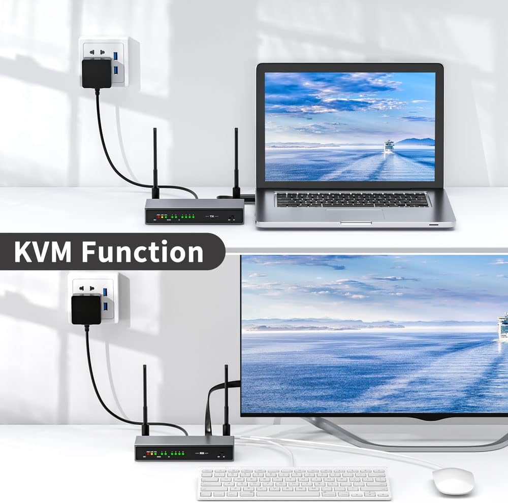 AIMIBO Transmisor y receptor inalámbrico HDMI, compatible con múltiples RX (1 x 8), extensor de control inalámbrico KVM/IR de 5.8 G (656 pies/656.2 ft) para transmitir video a HDTV/proyector/monitor con bucle HDMI