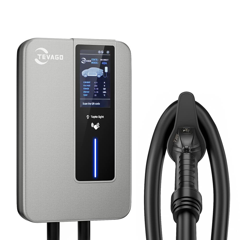 TEVAGO Cargador inteligente para vehículos eléctricos de nivel 2 de pared, 48 amperios, para interiores y exteriores, con certificación UL y Energy Star, estación de carga para automóvil con WiFi de 16-48 amperios y cable de 23 pies