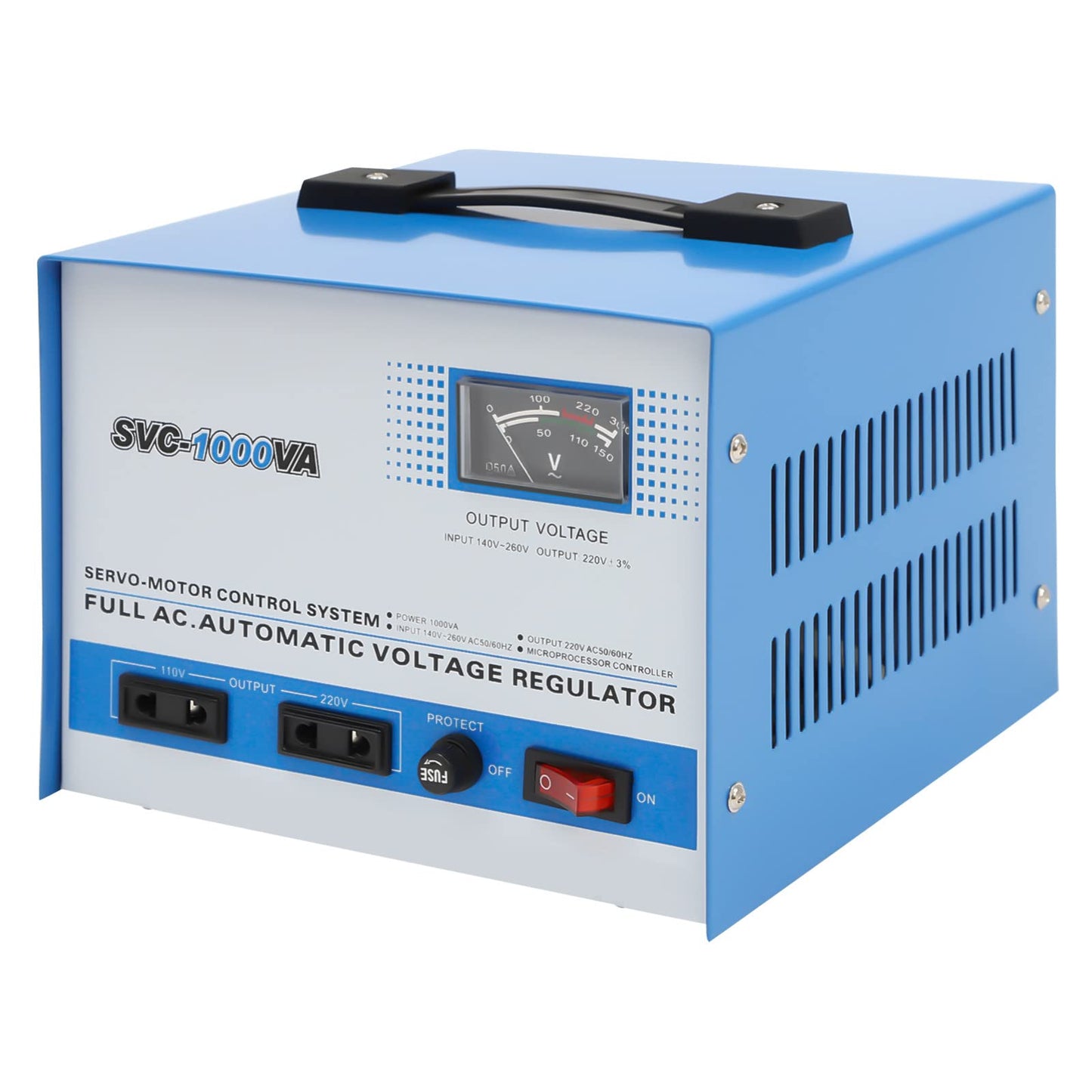 SVC-1000VA Regulador de Voltaje Automático Estabilizador con Medidor de Voltaje - Estabiliza 140-260V a 110V/220V Estabiliza 140-260V a 110V/220V