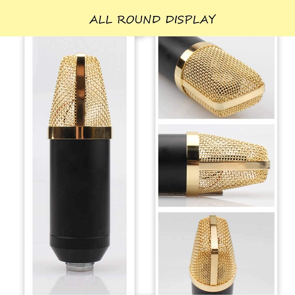 BM-800 - Juego de micrófono con tarjeta de sonido V8, micrófono de condensador y mezclador de DJ con brazo de tijera de suspensión de micrófono ajustable, montaje de choque de metal y filtro pop de doble capa para grabación de estudio y transmisión