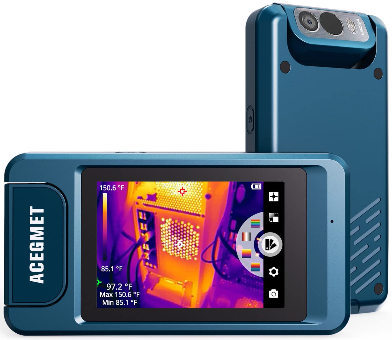 Cámara térmica, cámara infrarroja de resolución IR de 240 x 180 lente giratoria de 90°, cámara de imágenes térmicas de 43200p 7 paletas de colores 20Hz, 3.5" táctil IP54