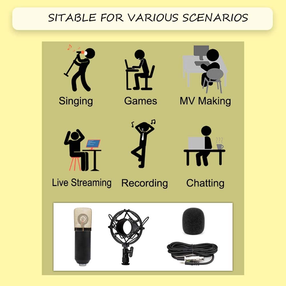 BM-800 - Juego de micrófono con tarjeta de sonido V8, micrófono de condensador y mezclador de DJ con brazo de tijera de suspensión de micrófono ajustable, montaje de choque de metal y filtro pop de doble capa para grabación de estudio y transmisión