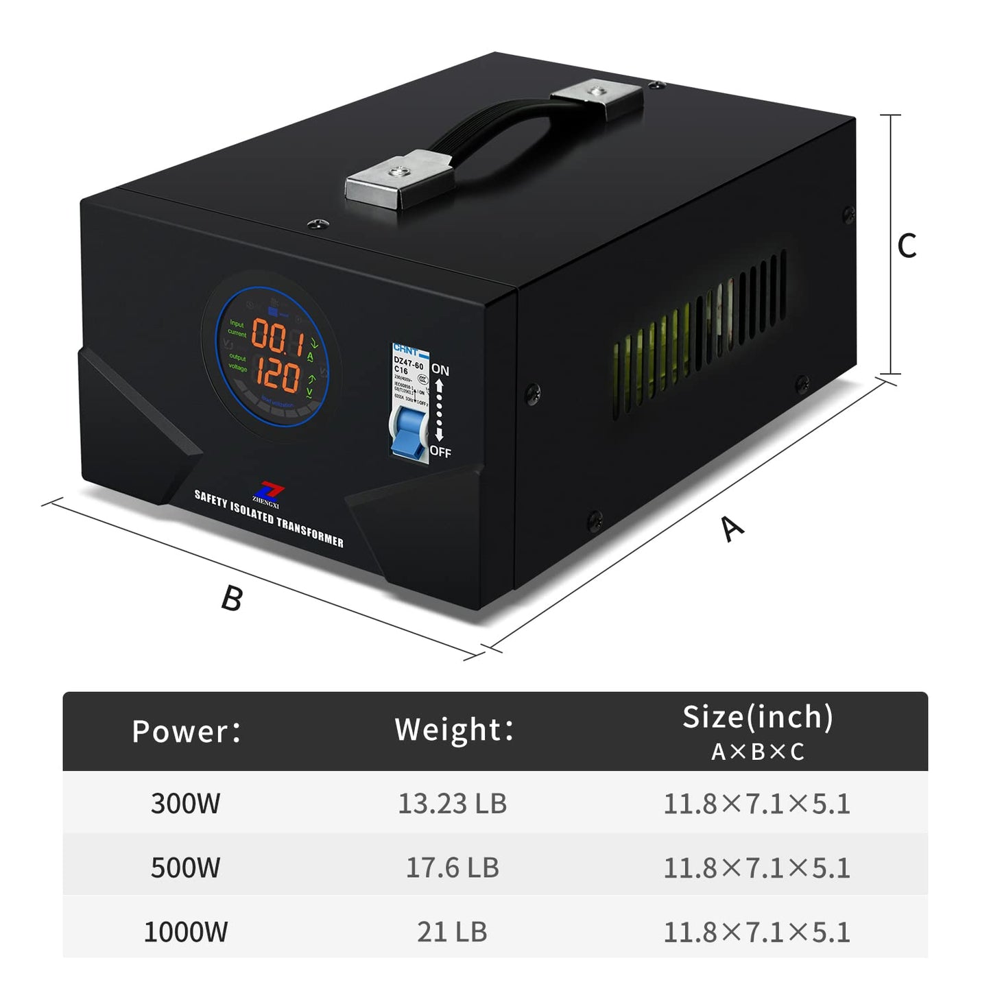 ZHENGXI Transformadores de aislamiento de 120 V a 120 V, transformador de 1000 W de 120 V a 100 V, convertidor de voltaje reducido para electrodomésticos japoneses