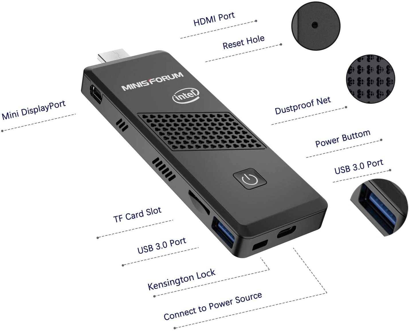 Mini PC Stick Intel Celeron N4000 (hasta 2,6 GHz) 4 GB DDR4/64 GB eMMC Intel Stick PC 4 K a 60 Hz HD HDMI 2.0/Mini DP Puertos Dual WiFi BT5.0/2xUSB3.0/USB-C/Auto Power On