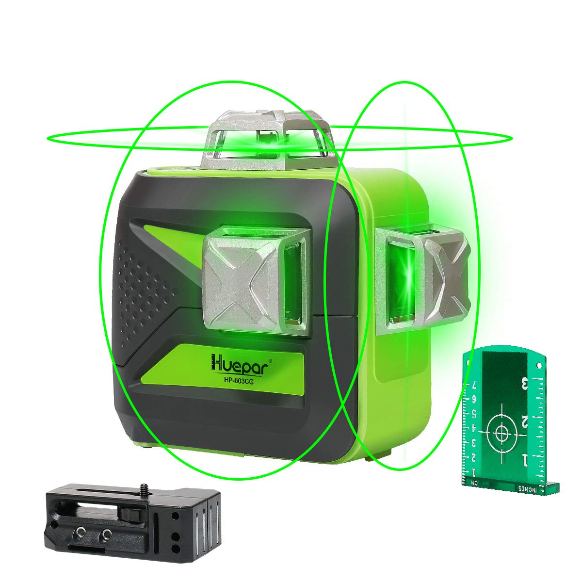  Huepar - Láser de línea cruzada – Nivel láser de línea  horizontal y vertical de haz verde autonivelante con visibilidad de 100  pies, líneas láser brillantes con base giratoria magnética de