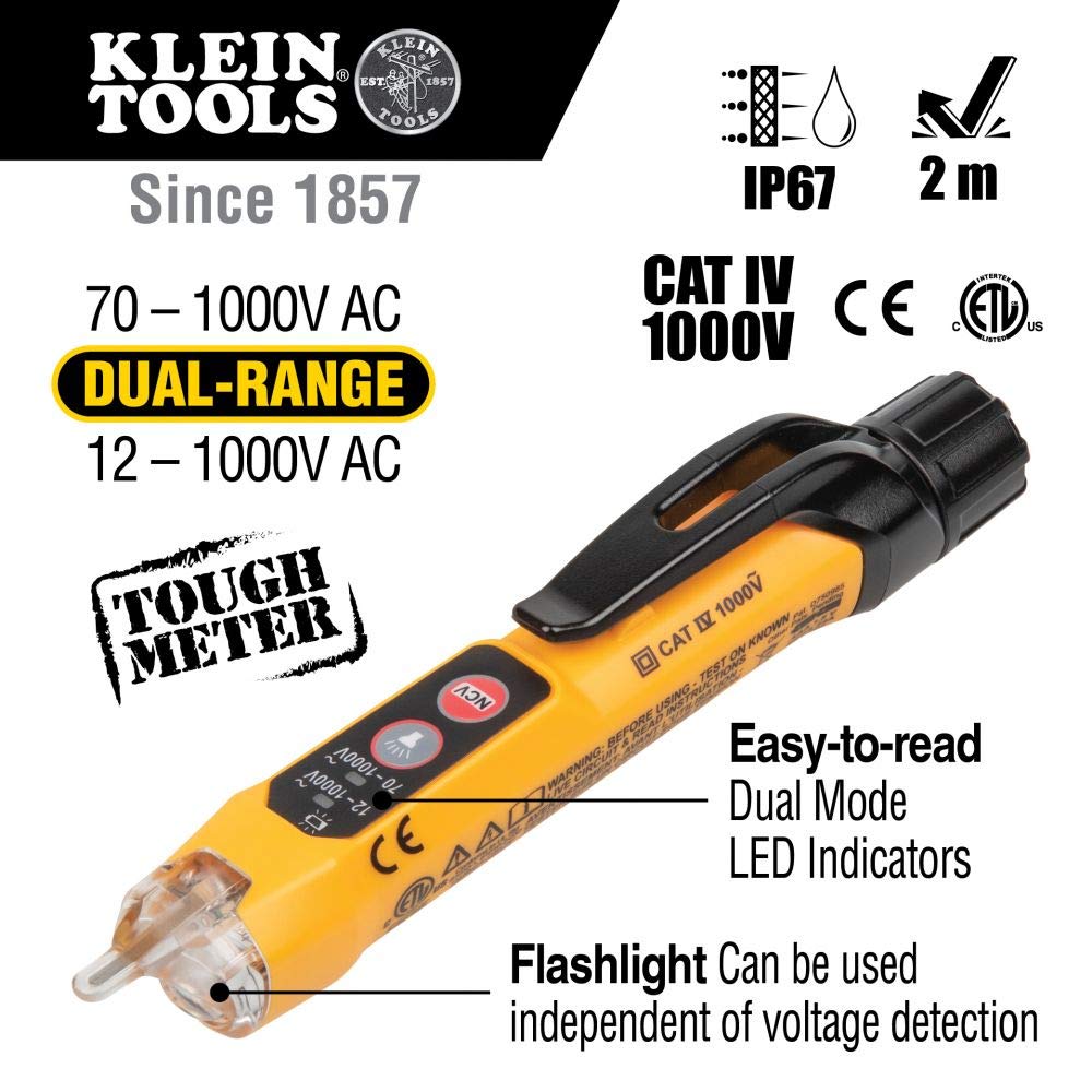 Kit de prueba eléctrica de tomacorrientes GFCI con LCD y probador de voltaje sin contacto de doble rango con linterna. RT250KIT Klein Tools