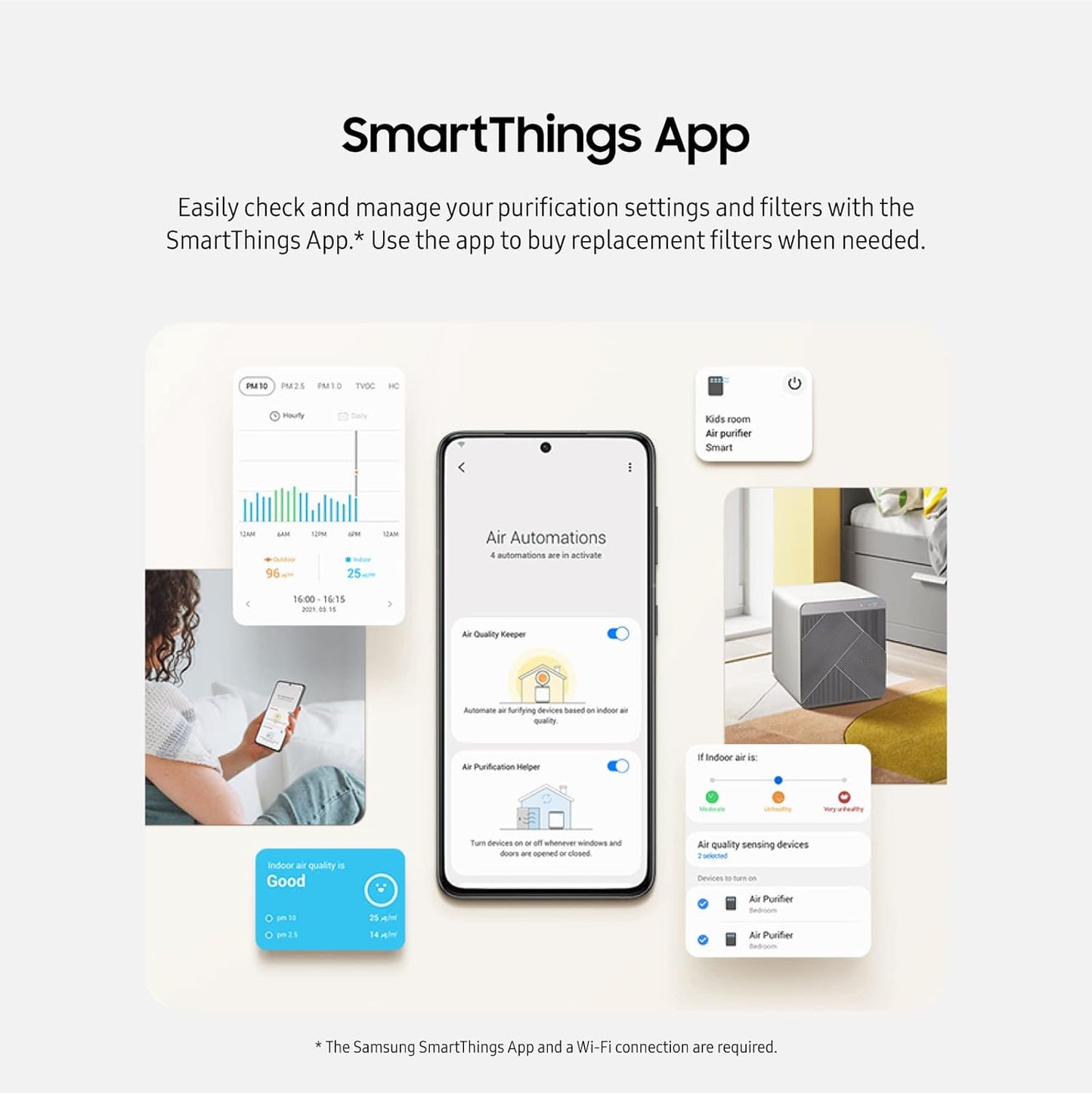 SAMSUNG BESPOKE - Purificador de aire cubo, eliminador de olores, sistema doméstico con filtración HEPA, purificación de 360 grados, modo mascota, control inteligente, atrapa el polvo, AX350A9350N, verde bosque