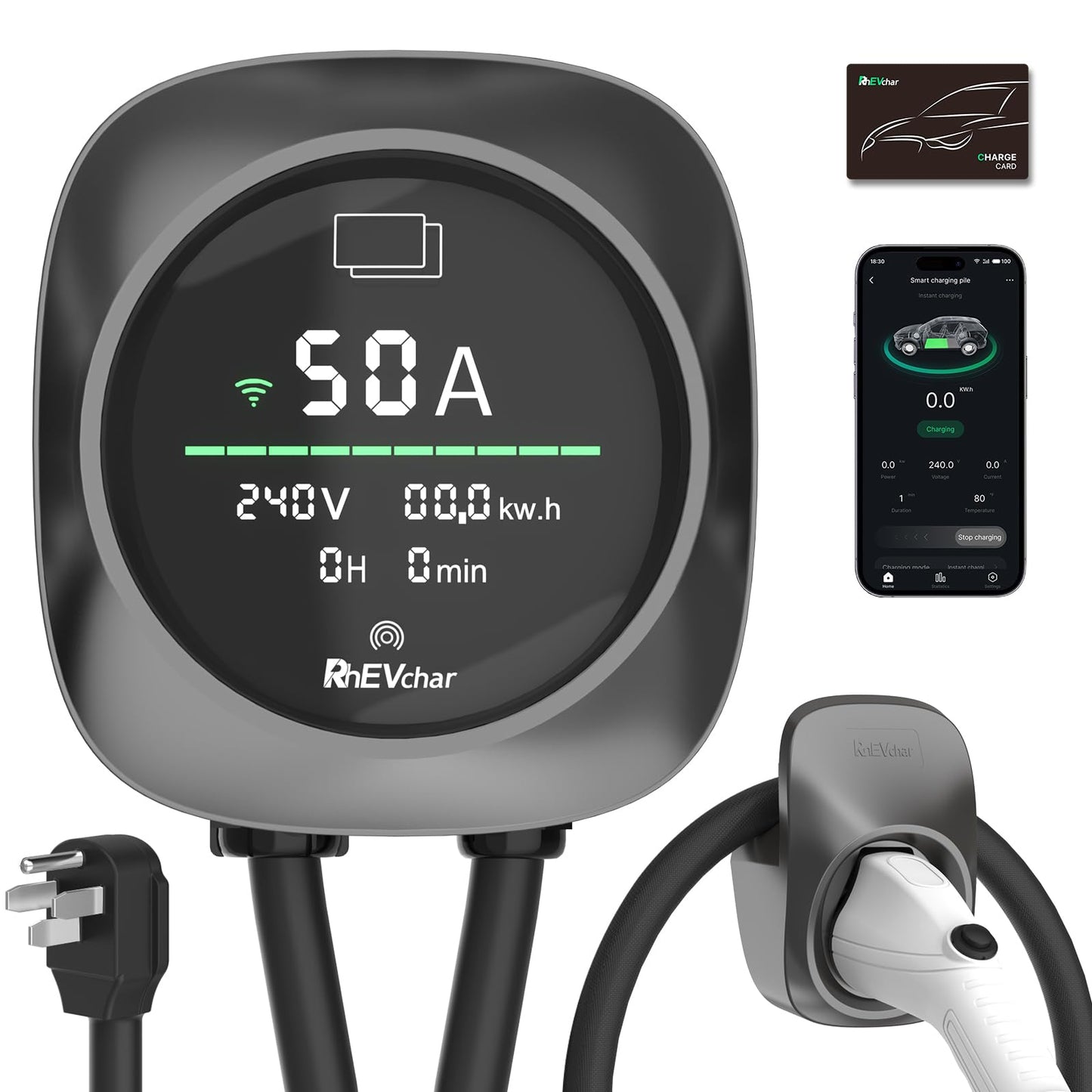 RhEVchar Cargador EV de 50 amperios, estación de carga de nivel 2 de pantalla inteligente con WiFi, cargador de vehículo eléctrico para el hogar J1772 de 240 V NEMA 14-50