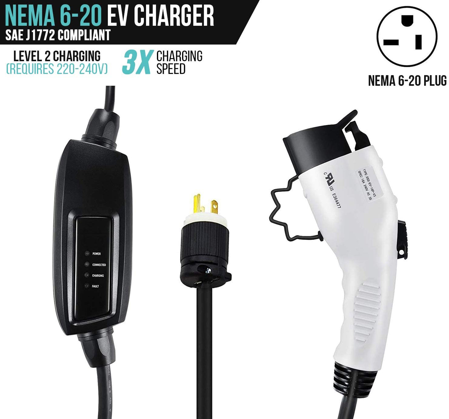 Lectron 120V / 240V 16 Amp Nivel 2 Cargador EV auto electrico con cable de extensión de 21 pies Cable J1772 16A NEMA 6-20