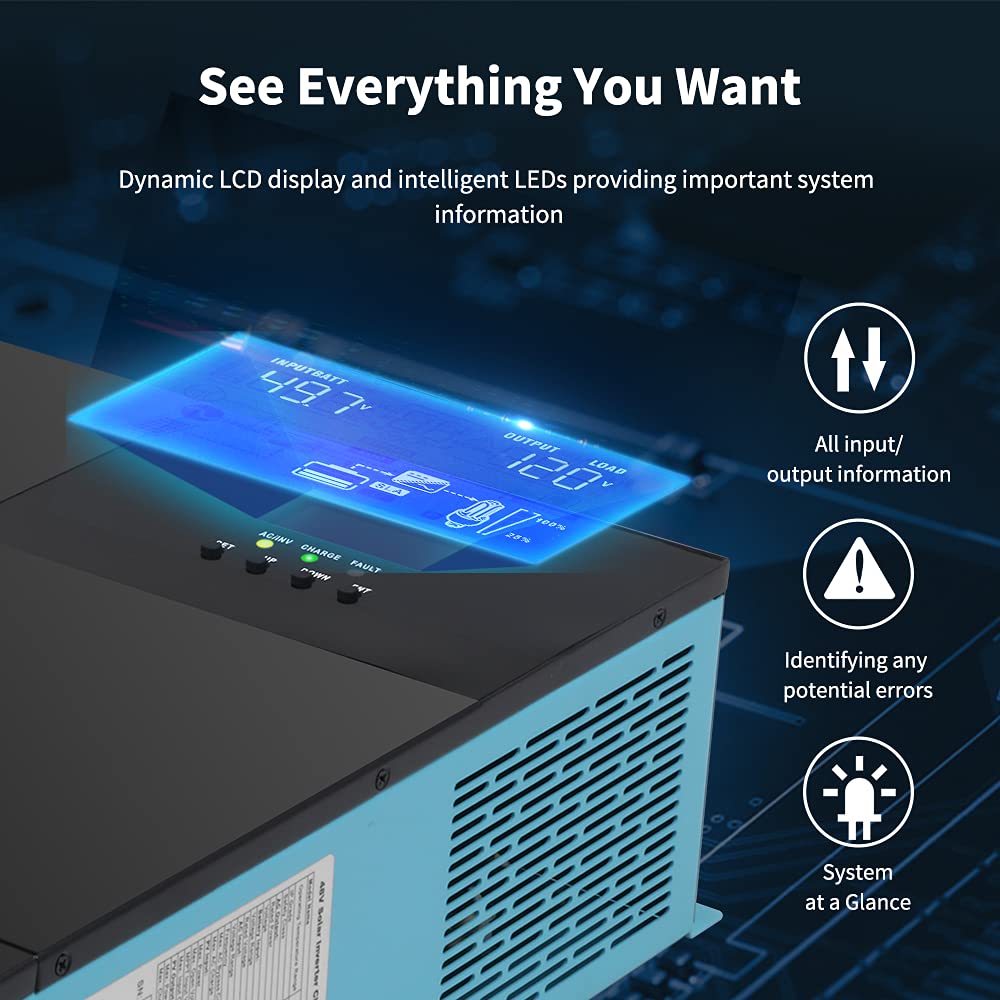 Renogy Inversor de onda sinusoidal pura de 48 V 3500 W, todo en uno con controlador de carga MPPT, modo de ahorro de energía DC 48V a CA 120V, sobretensión 7000W, solar, carga de batería del generador, LCD y LED, para el hogar, camping, RV