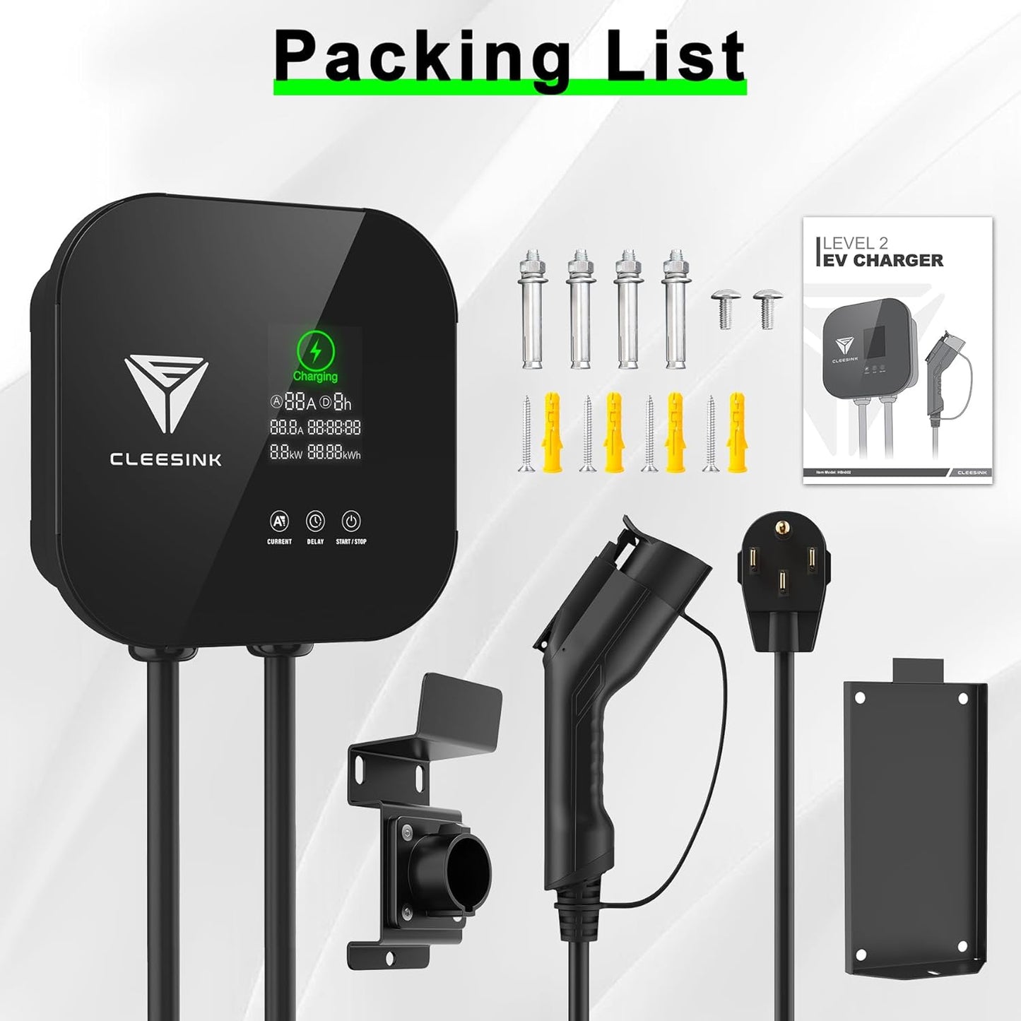 CLEESINK Cargador EV de nivel 2, estación de carga de vehículos eléctricos para interiores y exteriores, 40 A 240 V, NEMA 14-50, cable de 23 pies con certificación UL. 4-2687602YL
