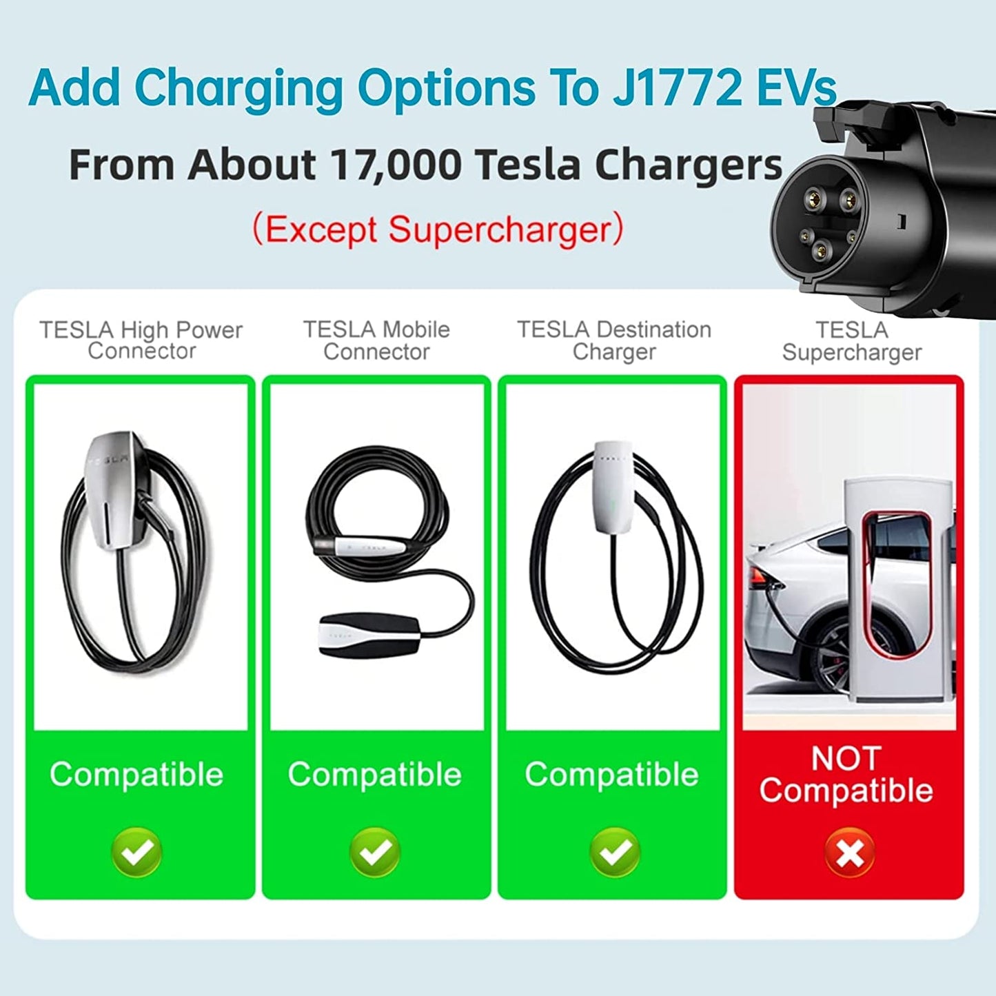 Adaptador Tesla a J1772, máximo 60 amperios y 250 V, TAECHU J1772 con bloqueo anticaídas, compatible con cargadores Tesla Wall/Destino/móviles (con una bolsa de almacenamiento)