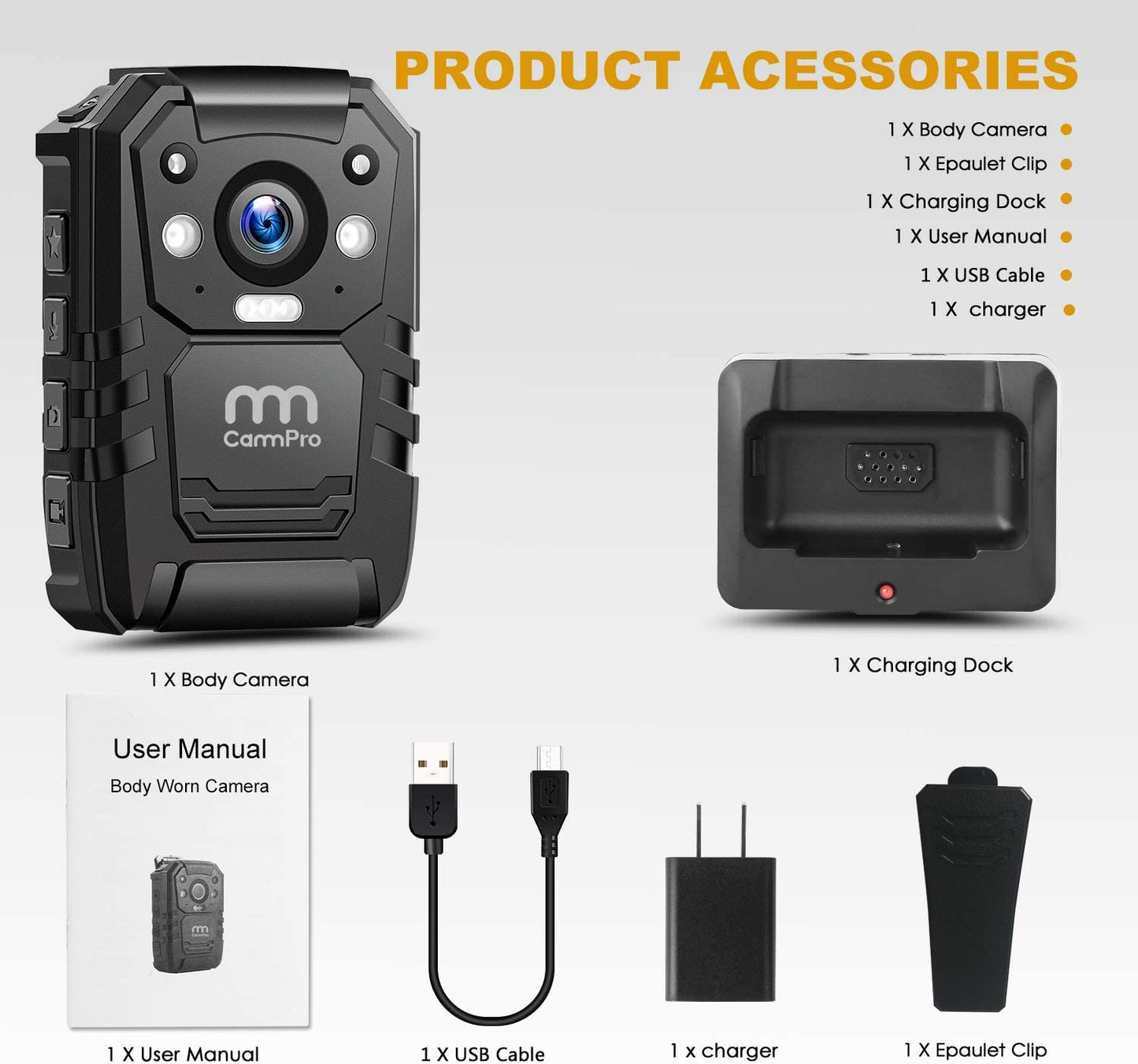 Cámara de cuerpo de policía HD 1296P, memoria 32G, cámara de cuerpo portátil CammPro, cámara impermeable con pantalla de 2 pulgadas, visión nocturna, GPS para grabadora de aplicación de la ley, guardias de seguridad, uso personal