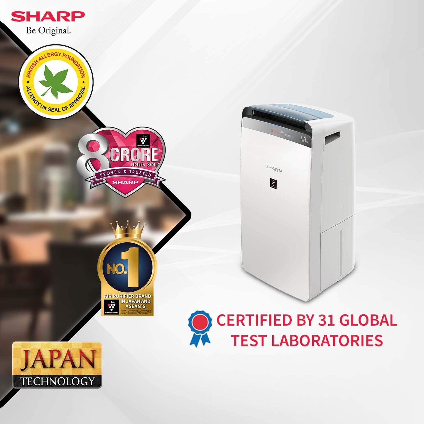 Sharp Air Purifier & Dehumidifier for Homes, Rooms, Offices | Awarded Plasmacluster Tech. | True HEPA H14 (in E1822 type) & Activated Carbon Filter | Auto Dehumidification | PM2.5 Indicator | Model: DW-J20FM-W