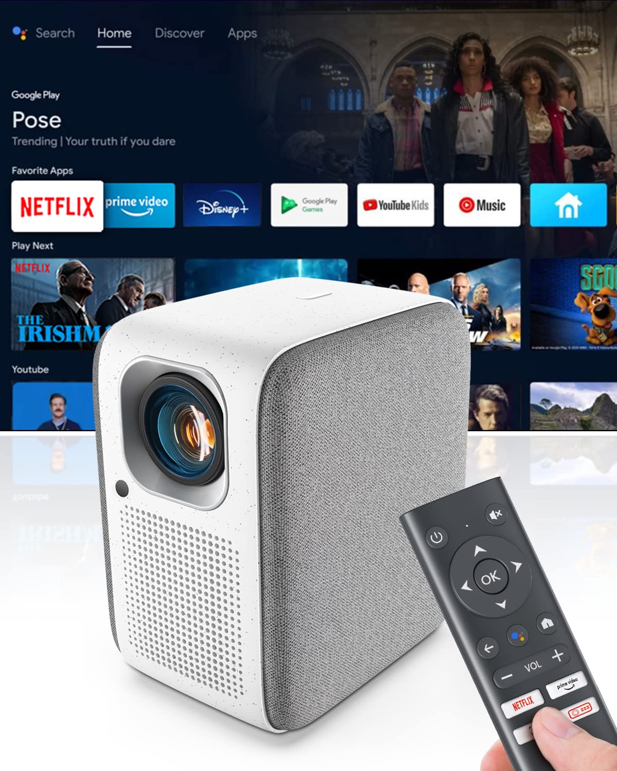 Pokitter Proyector CineMax Pro 1080P con licencia de Netflix, Android TV 10.0 con más de 7000 aplicaciones, 400 lúmenes ANSI, Google Assistant, corrección Keystone 4D, HDR 10, WiFi 2.4G+5G