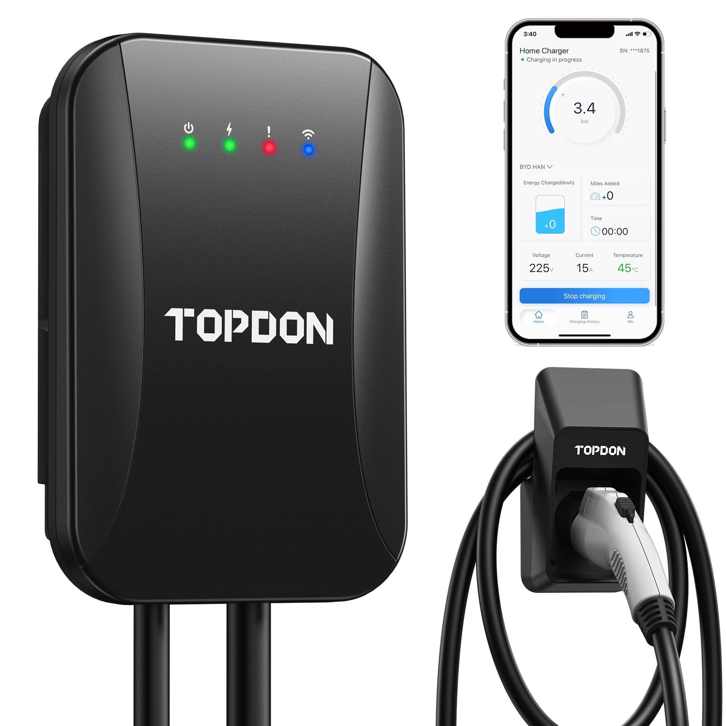 Topdon Cargador EV de nivel 2 40amp Pulse Q AC Home inteligente cargador de coche eléctrico Wi-Fi Evse certificación UL estación de carga de coche