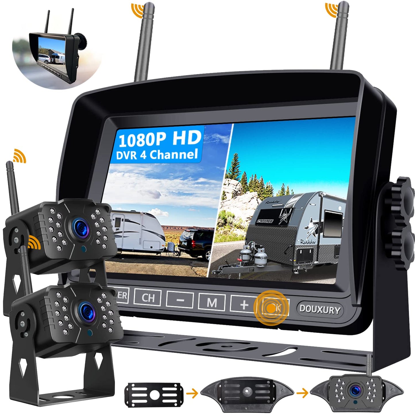 FHD 1080P 2 - Sistema de cámara de respaldo digital inalámbrico para vehículos camiones autocaravanas, 5ª ruedas, 4 canales 7" IP69K