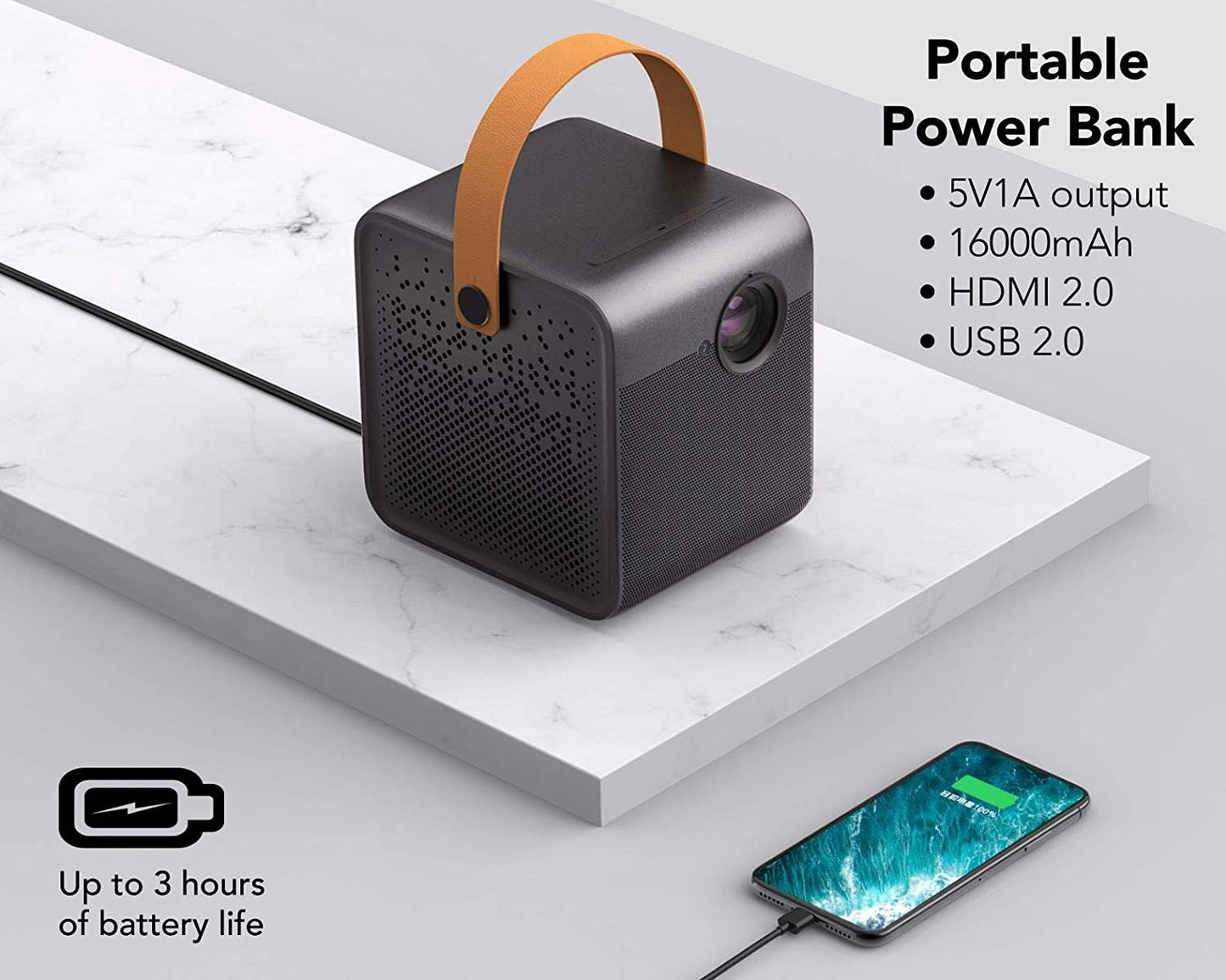 WeMax Dice, Proyector portátil inteligente 1080P, 700 lúmenes ANSI, Proyector portátil con corrección Keystone, Banco de energía de batería de 3 horas - Carga teléfono, 5K Aplicaciones Proyector incorporado