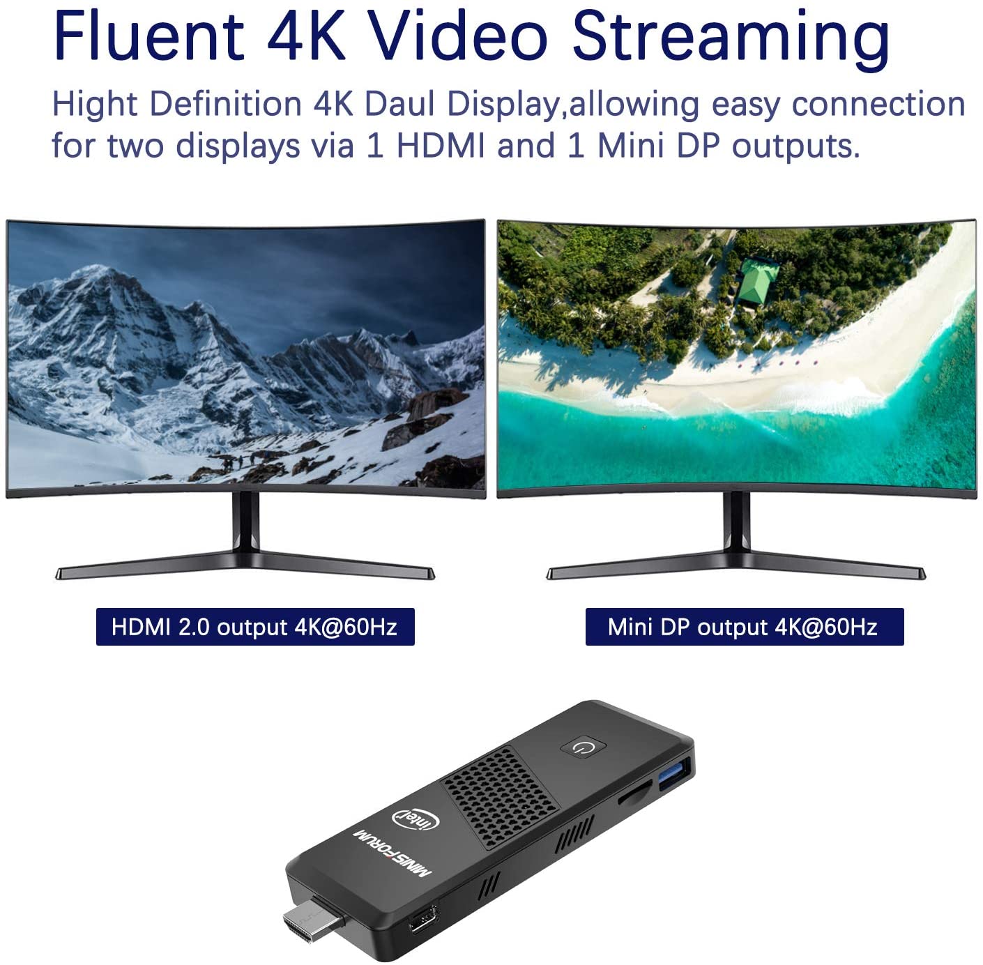 Mini PC Stick Intel Celeron N4000 (hasta 2,6 GHz) 4 GB DDR4/64 GB eMMC Intel Stick PC 4 K a 60 Hz HD HDMI 2.0/Mini DP Puertos Dual WiFi BT5.0/2xUSB3.0/USB-C/Auto Power On