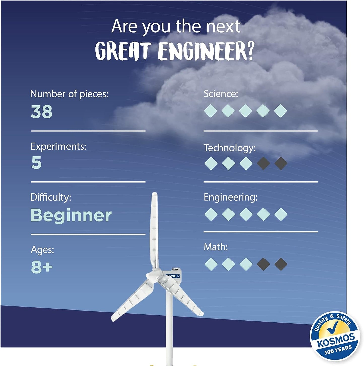 Thames & Kosmos Kit de experimento STEM Wind Power V4.0 | Construye una turbina eólica de 3 pies para generar electricidad | Aprende sobre energía renovable y alimenta un automóvil modelo pequeño | Resistente a la intemperie para uso en exteriores