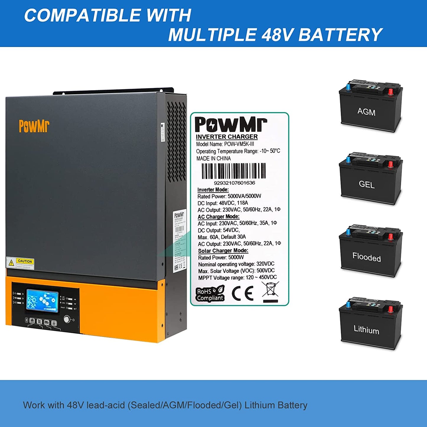 PowMr - Inversor de onda sinusoidal híbrida 3000W 24V CC a 230 V CA con driver de carga MPPT, servicio de soporte de utilidad/generador/carga solar