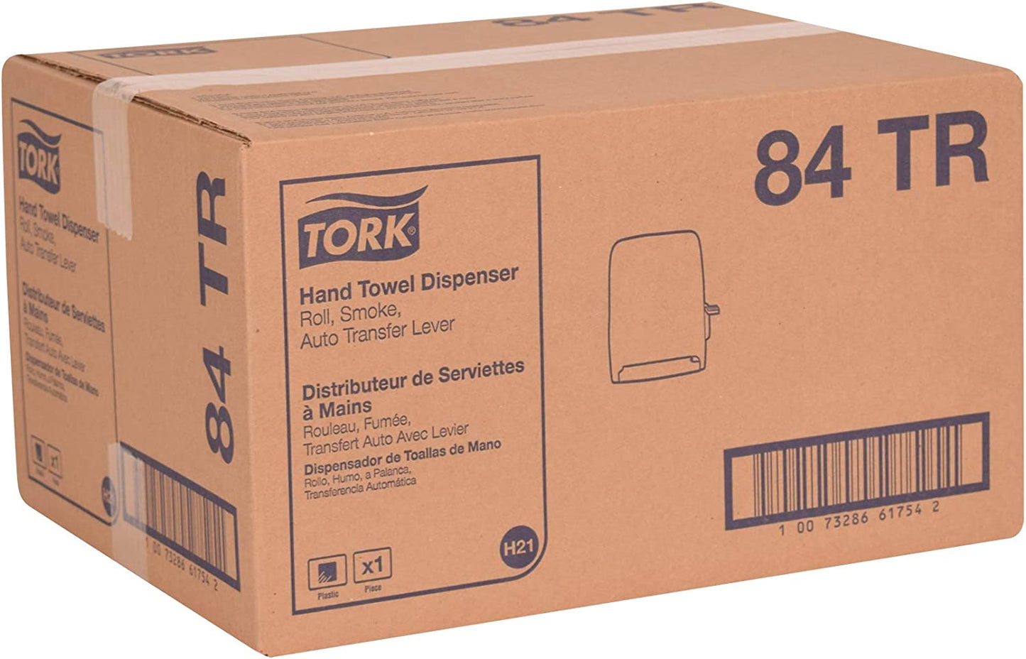Tork Dispensador de Rollo de Toallas de Mano, Humo, H21, Palanca de Transferencia automática, Mango de Empuje, Alta Capacidad, translúcido, 84TR