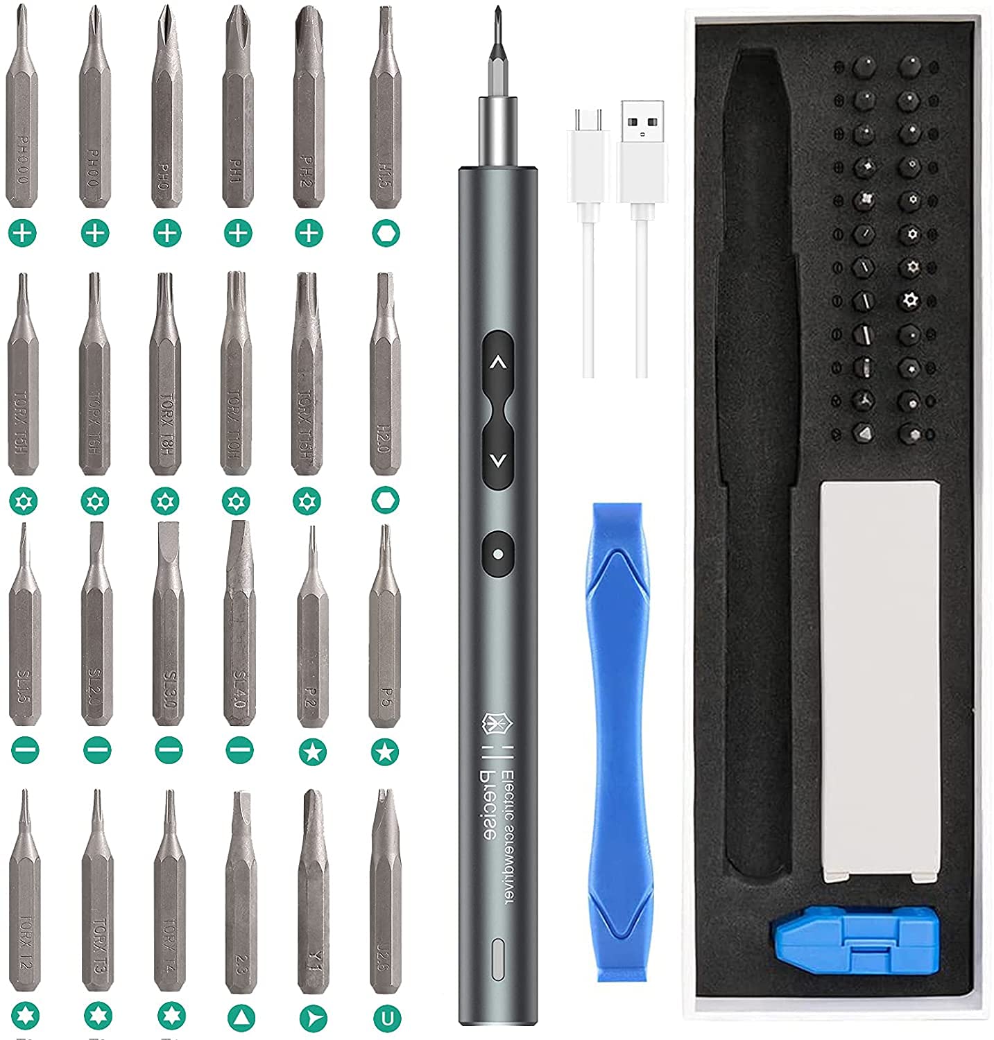 Destornillador Eléctrico, Regalos para el Día del Padre, Juego de Destornilladores de Precisión 28 en 1 con 24 Puntas y Cable USB