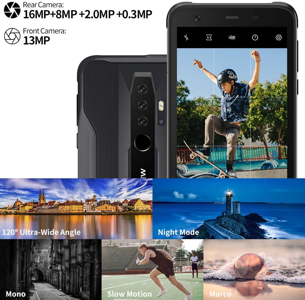 Blackview BV6300Pro (2020) Android 10 Celulares resistentes, 16 MP HDR Quad Cámaras traseras, 6 GB + 128 GB IP68/69K Smartphone, 4380 mAh Batería Carga inalámbrica 0.457 in Slim Body 4G - Negro