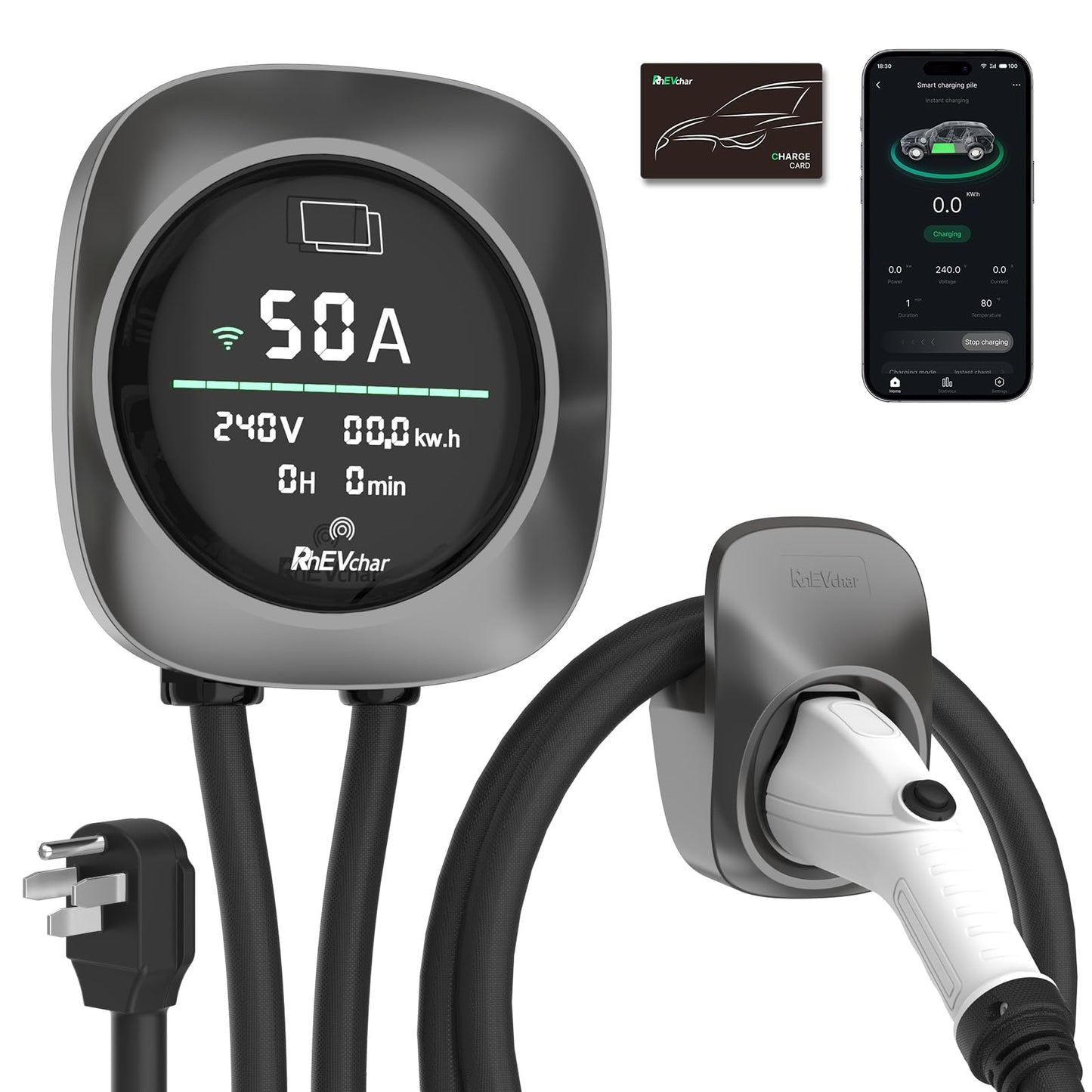 RhEVchar Cargador EV de 50 amperios, estación de carga de nivel 2 de pantalla inteligente con WiFi, cargador de vehículo eléctrico para el hogar J1772 de 240 V NEMA 14-50, enchufe o cable duro, cargador de automóvil controlado por aplicación ETL