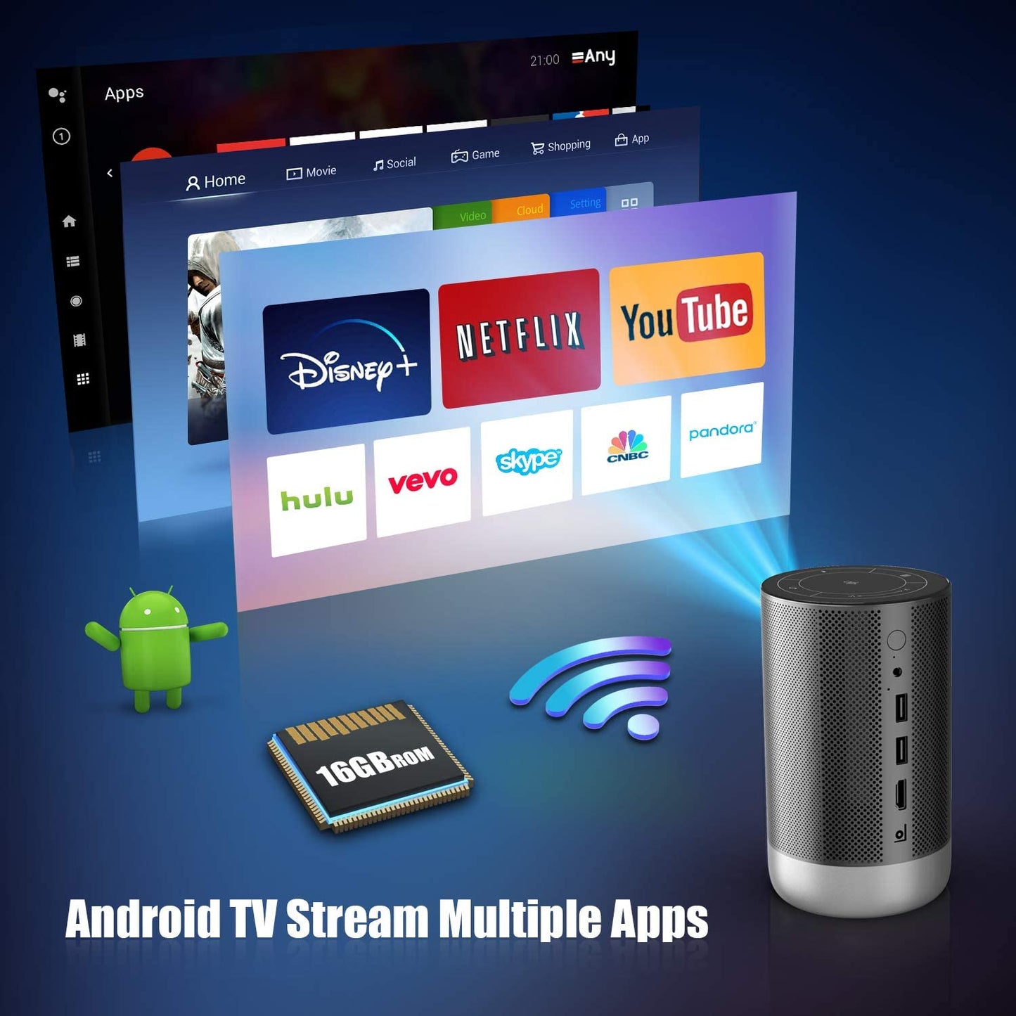 WiMiUS Q1 Mini Android TV Proyector (2G+16G), 500 ANSI Lumens Native 1080p Projector with 5G Wi-Fi, Bluetooth, 3D, 5,000+ Apps